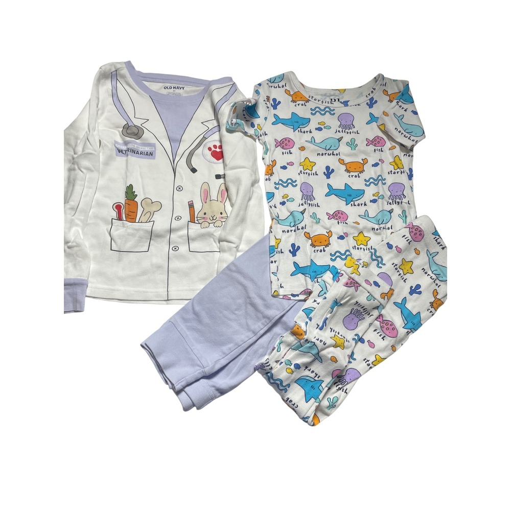 Old Navy PJ Place Pajama Set Kids 6T White Purple Veterinarian Shark Sea Life